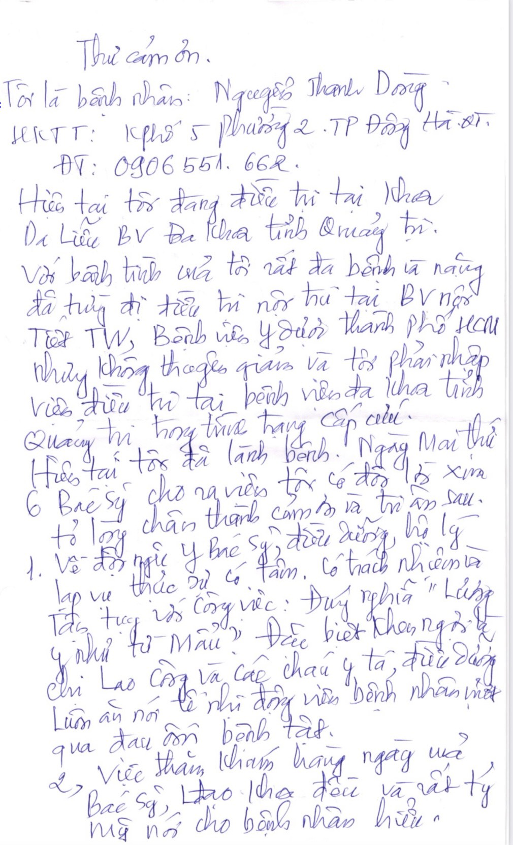 Thư cám ơn của bệnh nhân Nguyễn Thanh Dòng - điều trị tại khoa Da liễu - BVĐK tỉnh Quảng Trị 1